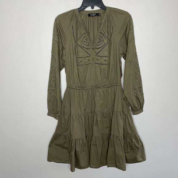 LAUREN Ralph Lauren Sulashka Dress Women 2 Olive Green Embroidered A-Line Cotton - Picture 2 of 14
